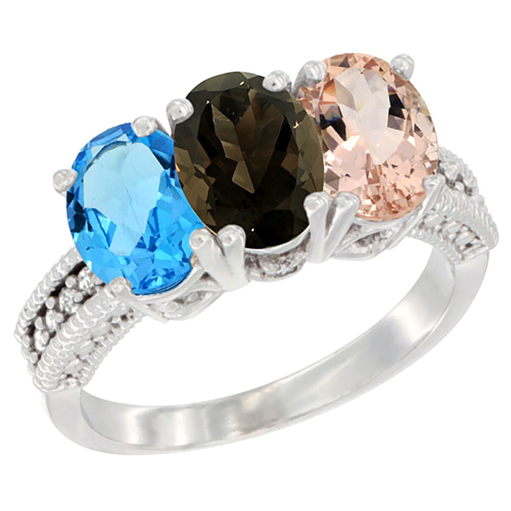 10K White Gold Natural Swiss Blue Topaz, Smoky Topaz & Morganite Ring 3-Stone Oval 7x5 mm Diamond Accent, sizes 5 - 10