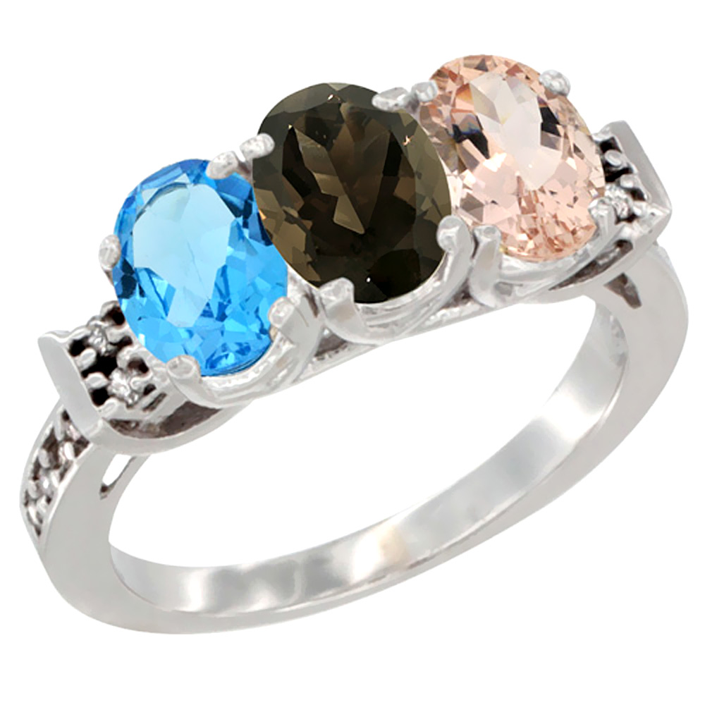 14K White Gold Natural Swiss Blue Topaz, Smoky Topaz & Morganite Ring 3-Stone 7x5 mm Oval Diamond Accent, sizes 5 - 10