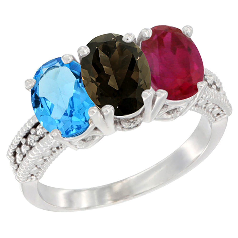 10K White Gold Natural Swiss Blue Topaz, Smoky Topaz & Enhanced Ruby Ring 3-Stone Oval 7x5 mm Diamond Accent, sizes 5 - 10