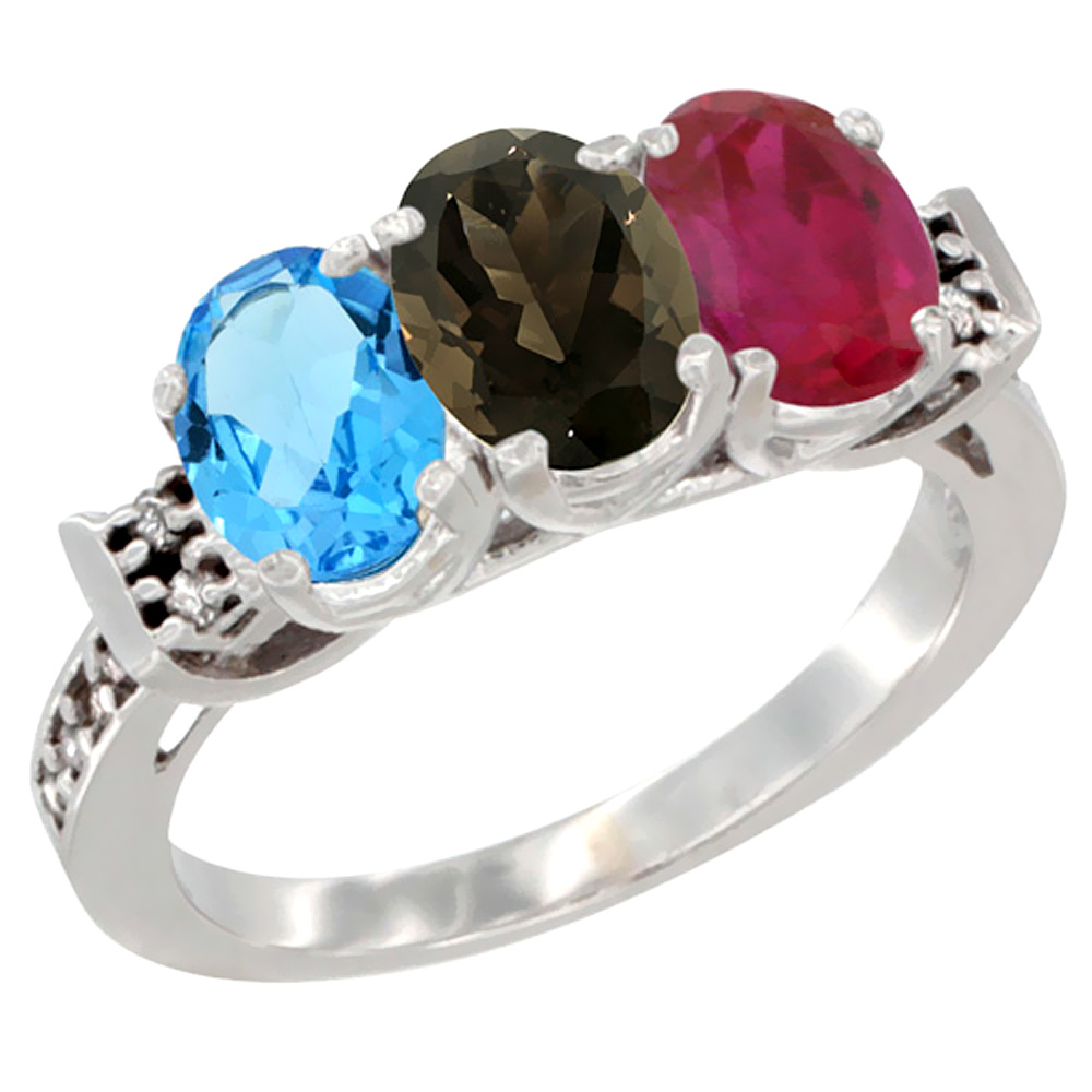 14K White Gold Natural Swiss Blue Topaz, Smoky Topaz & Enhanced Ruby Ring 3-Stone 7x5 mm Oval Diamond Accent, sizes 5 - 10