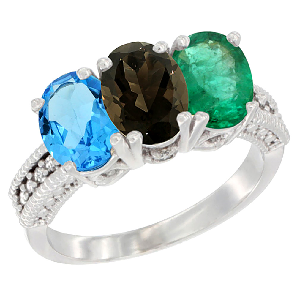 14K White Gold Natural Swiss Blue Topaz, Smoky Topaz & Emerald Ring 3-Stone 7x5 mm Oval Diamond Accent, sizes 5 - 10