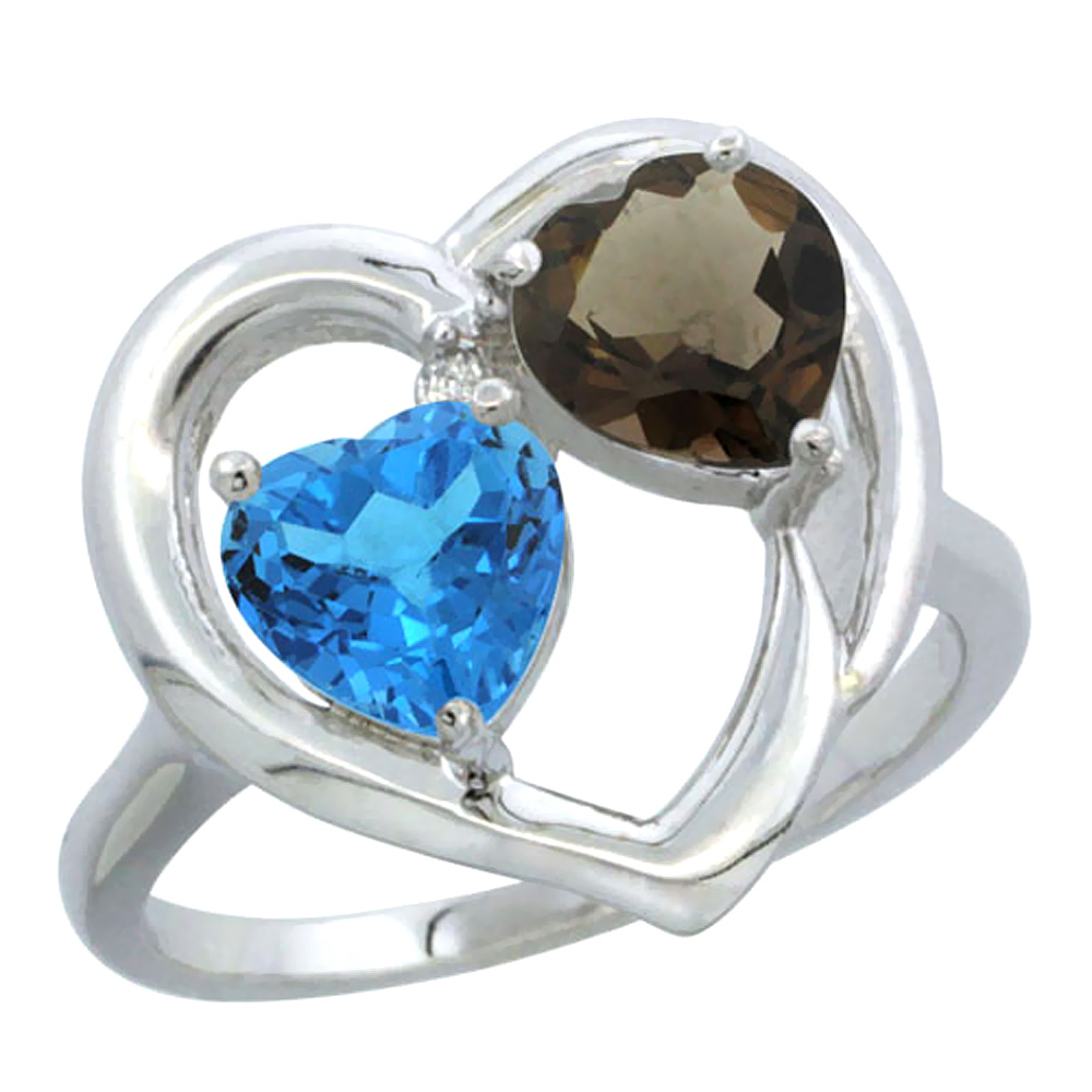 14K White Gold Diamond Two-stone Heart Ring 6mm Natural Swiss Blue &amp; Smoky Topaz, sizes 5-10