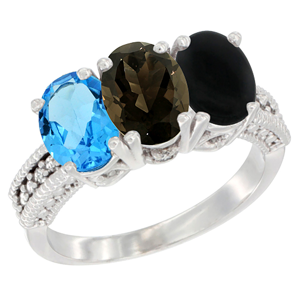 10K White Gold Natural Swiss Blue Topaz, Smoky Topaz & Black Onyx Ring 3-Stone Oval 7x5 mm Diamond Accent, sizes 5 - 10