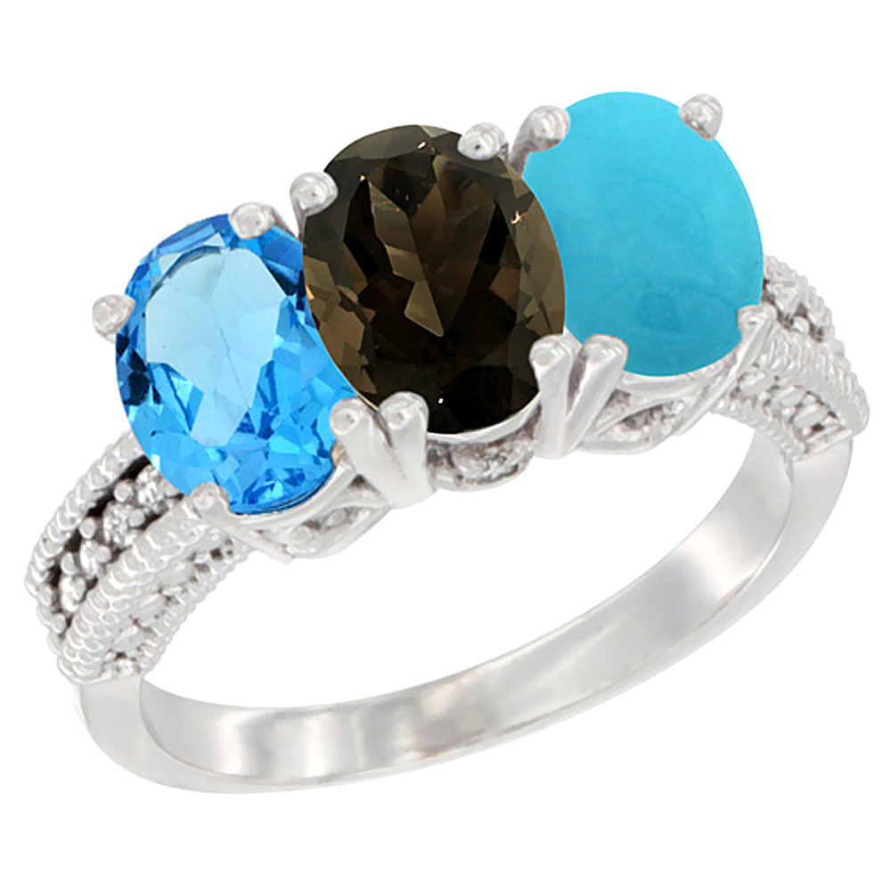 10K White Gold Natural Swiss Blue Topaz, Smoky Topaz & Turquoise Ring 3-Stone Oval 7x5 mm Diamond Accent, sizes 5 - 10