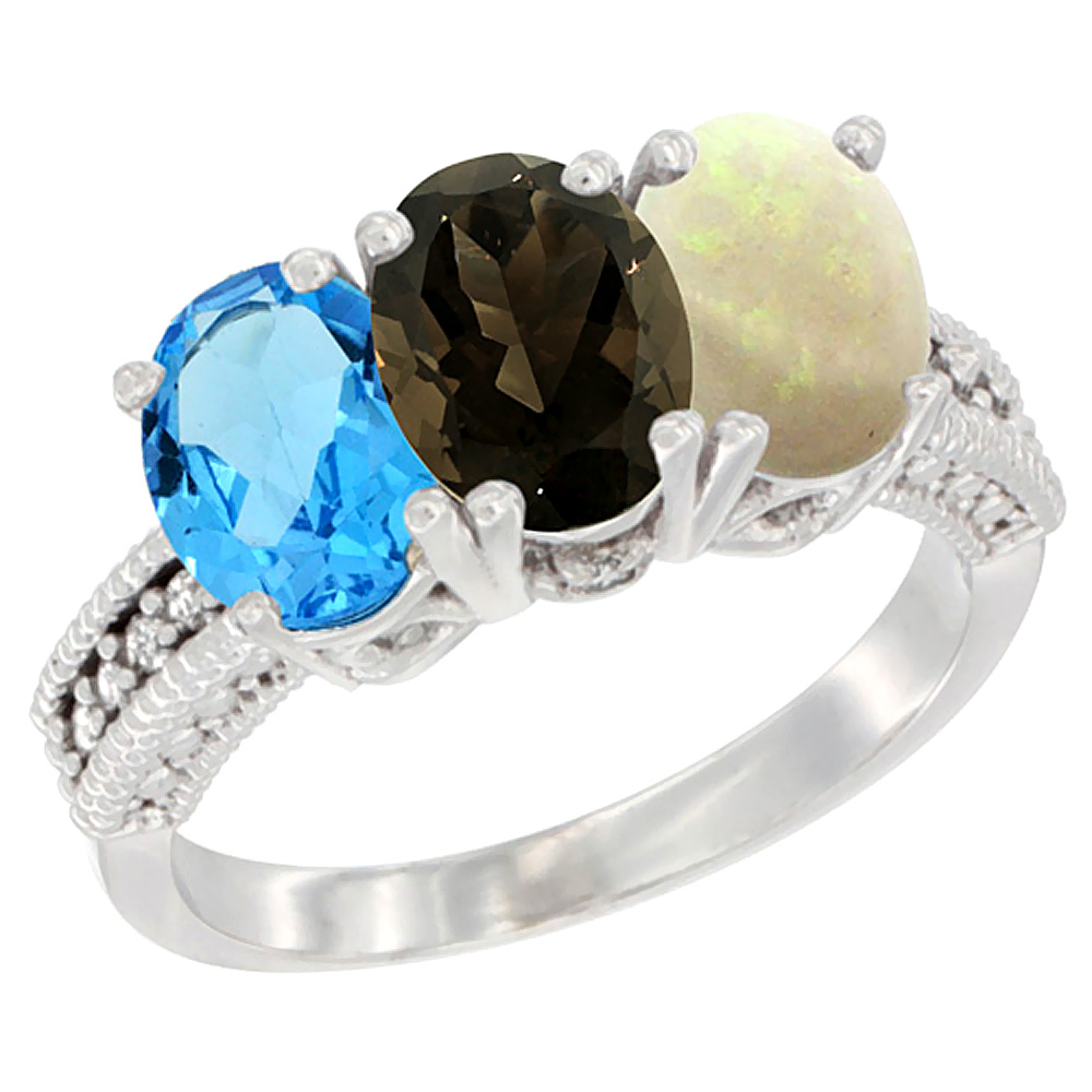 10K White Gold Natural Swiss Blue Topaz, Smoky Topaz & Opal Ring 3-Stone Oval 7x5 mm Diamond Accent, sizes 5 - 10