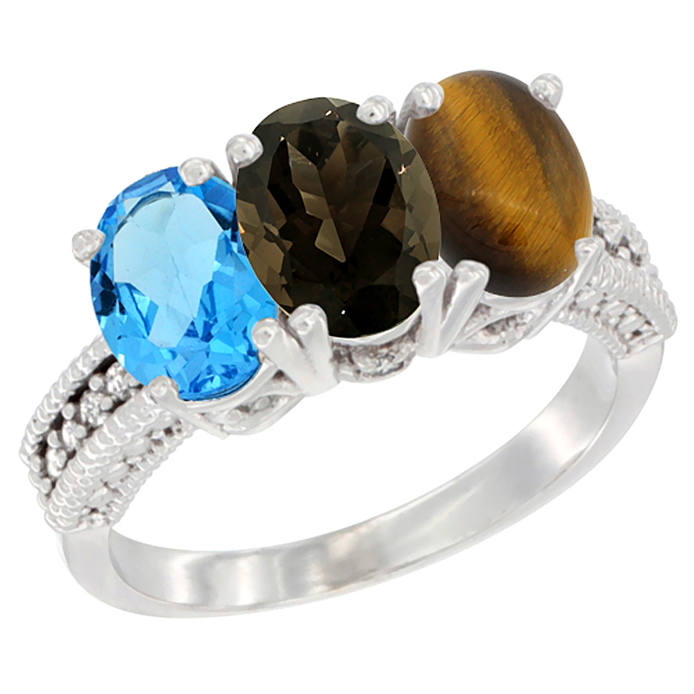 10K White Gold Natural Swiss Blue Topaz, Smoky Topaz & Tiger Eye Ring 3-Stone Oval 7x5 mm Diamond Accent, sizes 5 - 10