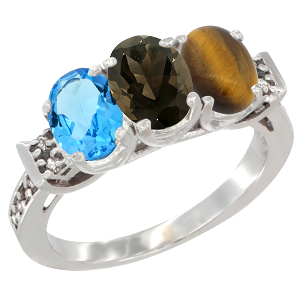 10K White Gold Natural Swiss Blue Topaz, Smoky Topaz & Tiger Eye Ring 3-Stone Oval 7x5 mm Diamond Accent, sizes 5 - 10