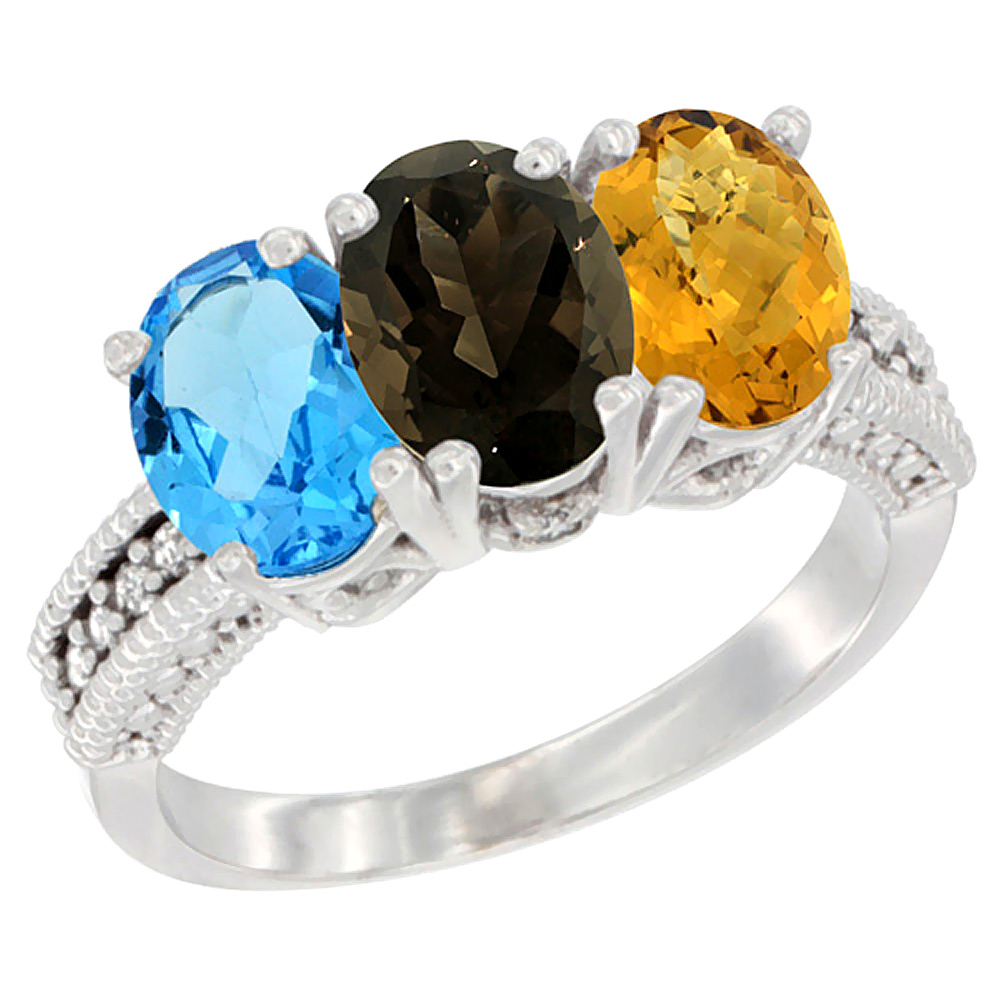 10K White Gold Natural Swiss Blue Topaz, Smoky Topaz & Whisky Quartz Ring 3-Stone Oval 7x5 mm Diamond Accent, sizes 5 - 10