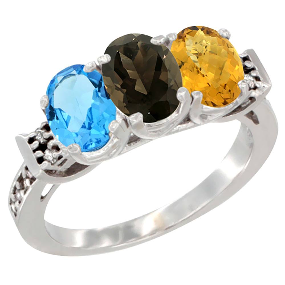 10K White Gold Natural Swiss Blue Topaz, Smoky Topaz & Whisky Quartz Ring 3-Stone Oval 7x5 mm Diamond Accent, sizes 5 - 10