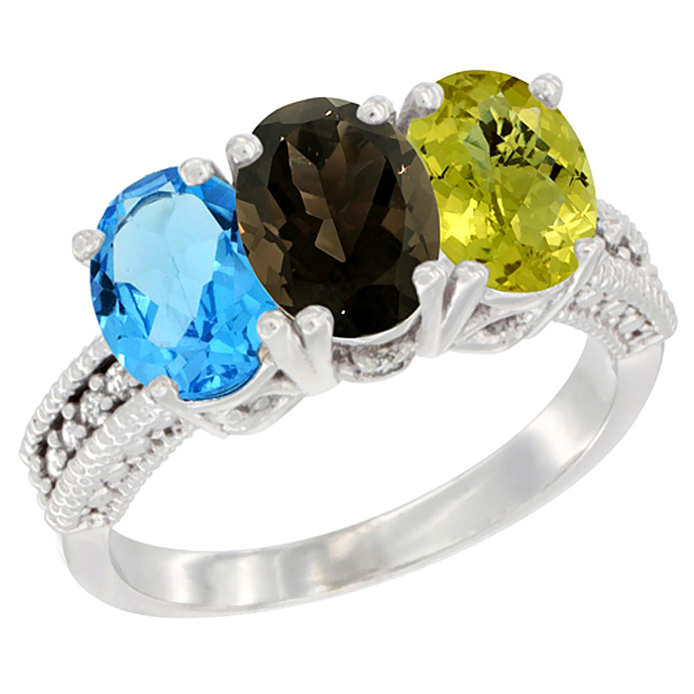 14K White Gold Natural Swiss Blue Topaz, Smoky Topaz &amp; Lemon Quartz Ring 3-Stone 7x5 mm Oval Diamond Accent, sizes 5 - 10