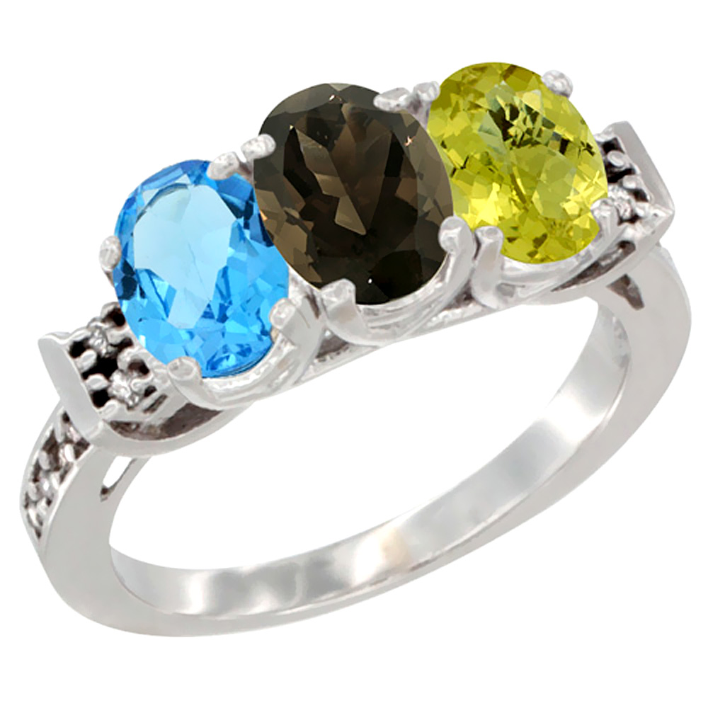 10K White Gold Natural Swiss Blue Topaz, Smoky Topaz & Lemon Quartz Ring 3-Stone Oval 7x5 mm Diamond Accent, sizes 5 - 10