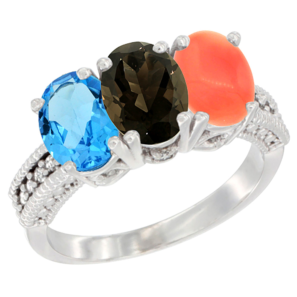 14K White Gold Natural Swiss Blue Topaz, Smoky Topaz & Coral Ring 3-Stone 7x5 mm Oval Diamond Accent, sizes 5 - 10