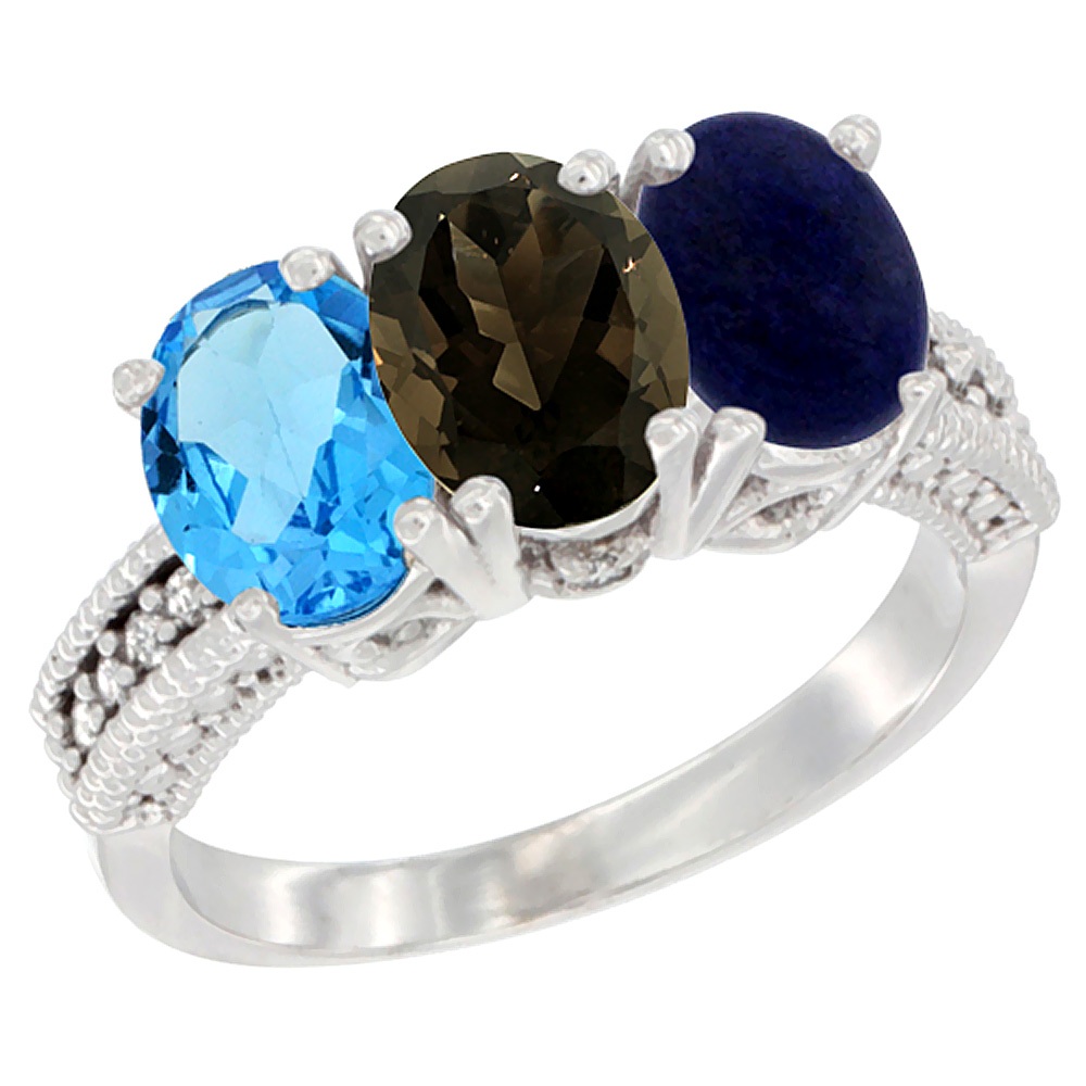 14K White Gold Natural Swiss Blue Topaz, Smoky Topaz & Lapis Ring 3-Stone 7x5 mm Oval Diamond Accent, sizes 5 - 10