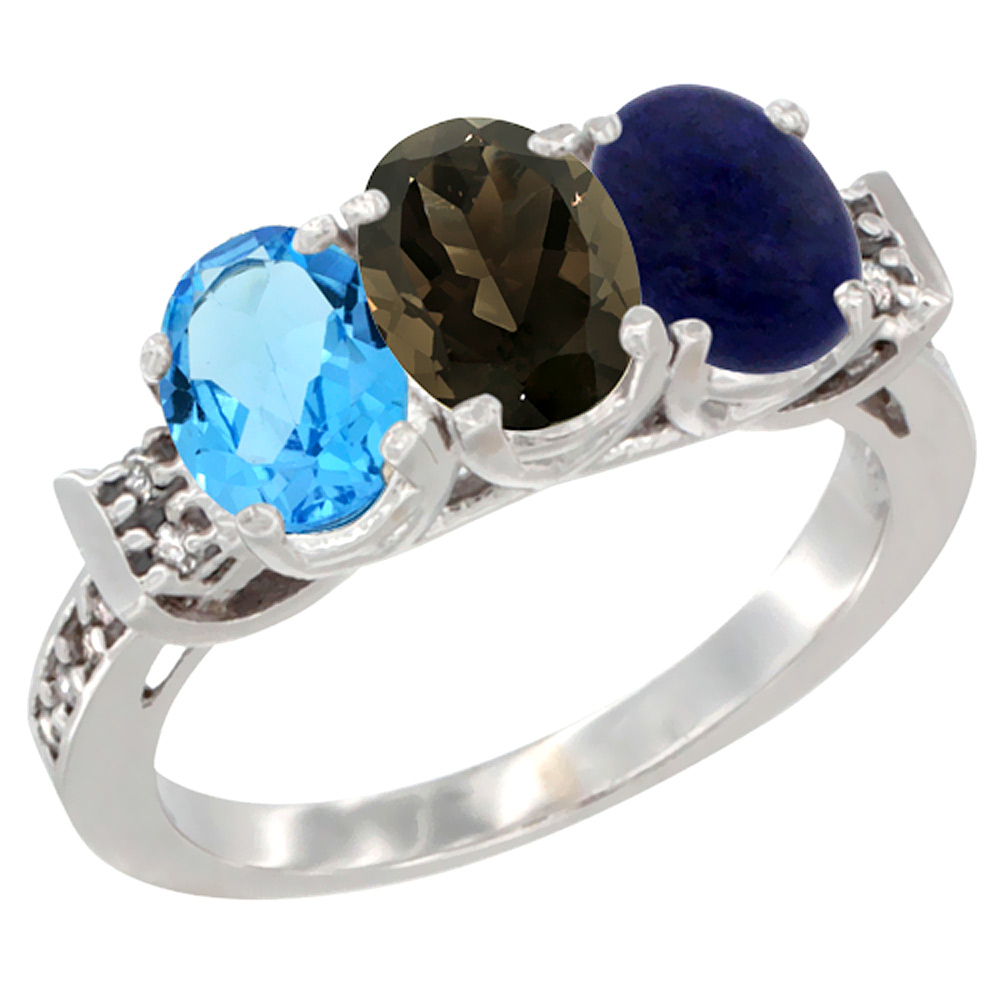 14K White Gold Natural Swiss Blue Topaz, Smoky Topaz & Lapis Ring 3-Stone 7x5 mm Oval Diamond Accent, sizes 5 - 10