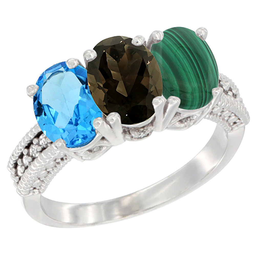 10K White Gold Natural Swiss Blue Topaz, Smoky Topaz & Malachite Ring 3-Stone Oval 7x5 mm Diamond Accent, sizes 5 - 10