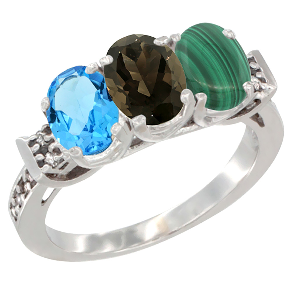 10K White Gold Natural Swiss Blue Topaz, Smoky Topaz & Malachite Ring 3-Stone Oval 7x5 mm Diamond Accent, sizes 5 - 10