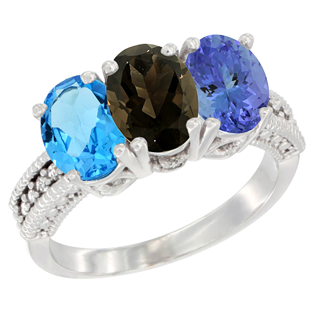 10K White Gold Natural Swiss Blue Topaz, Smoky Topaz & Tanzanite Ring 3-Stone Oval 7x5 mm Diamond Accent, sizes 5 - 10