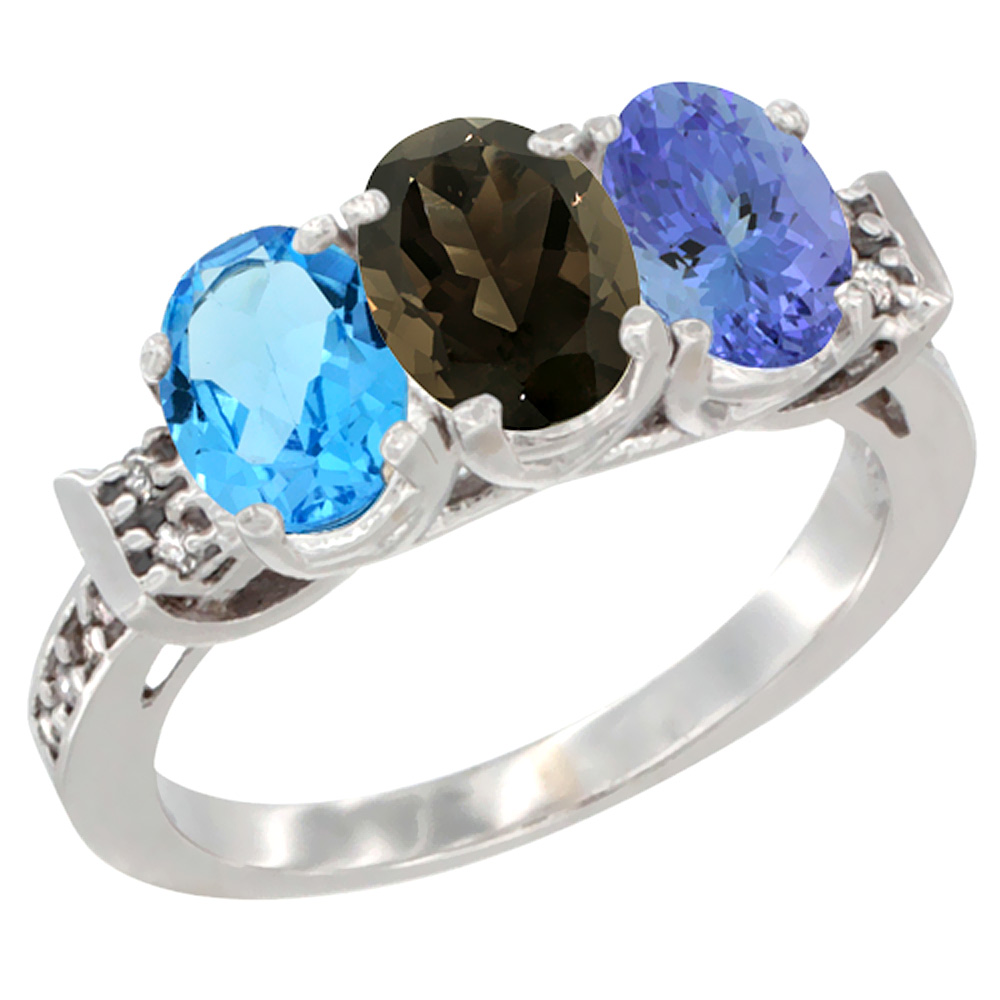 10K White Gold Natural Swiss Blue Topaz, Smoky Topaz & Tanzanite Ring 3-Stone Oval 7x5 mm Diamond Accent, sizes 5 - 10