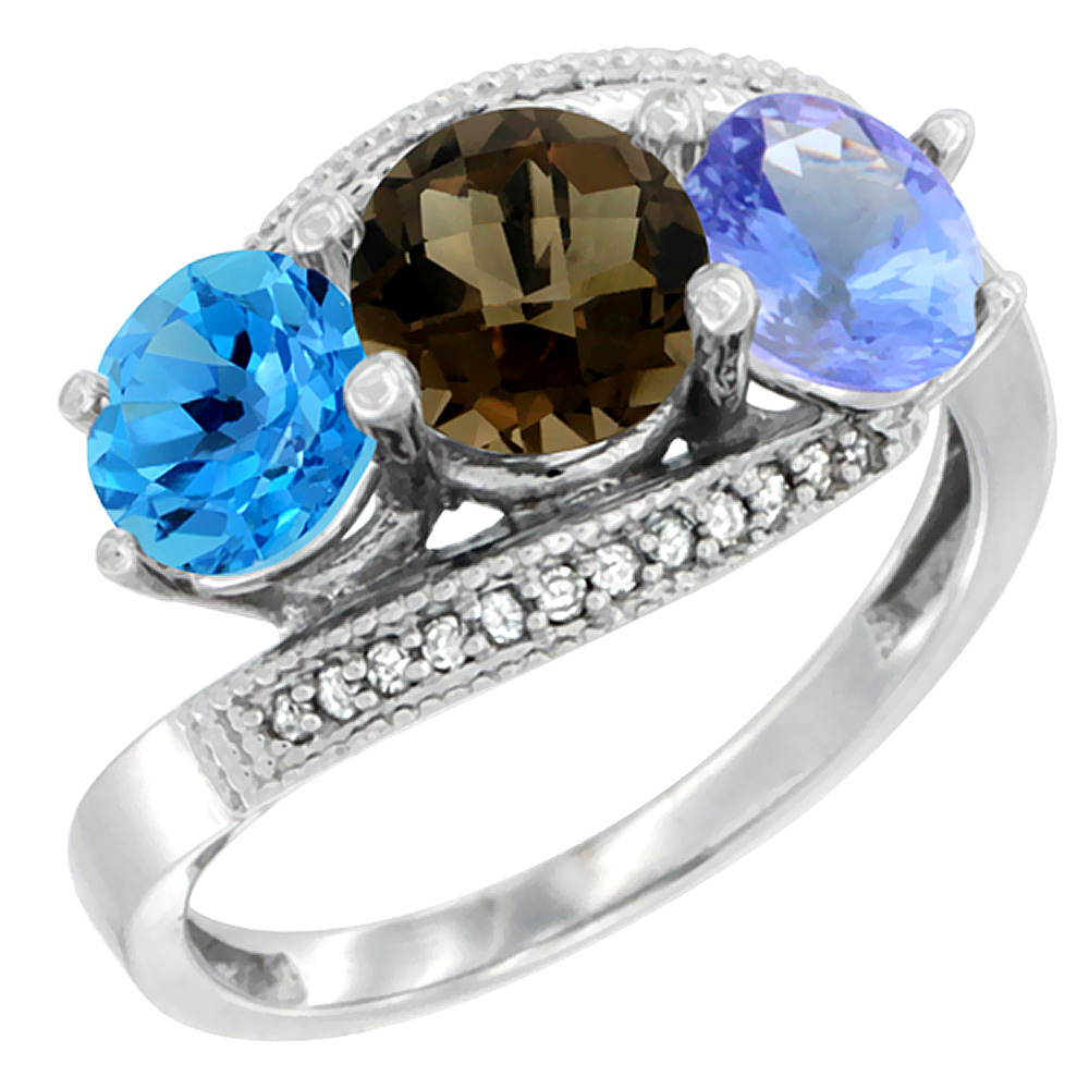 14K White Gold Natural Swiss Blue Topaz, Smoky Topaz &amp; Tanzanite 3 stone Ring Round 6mm Diamond Accent, sizes 5 - 10