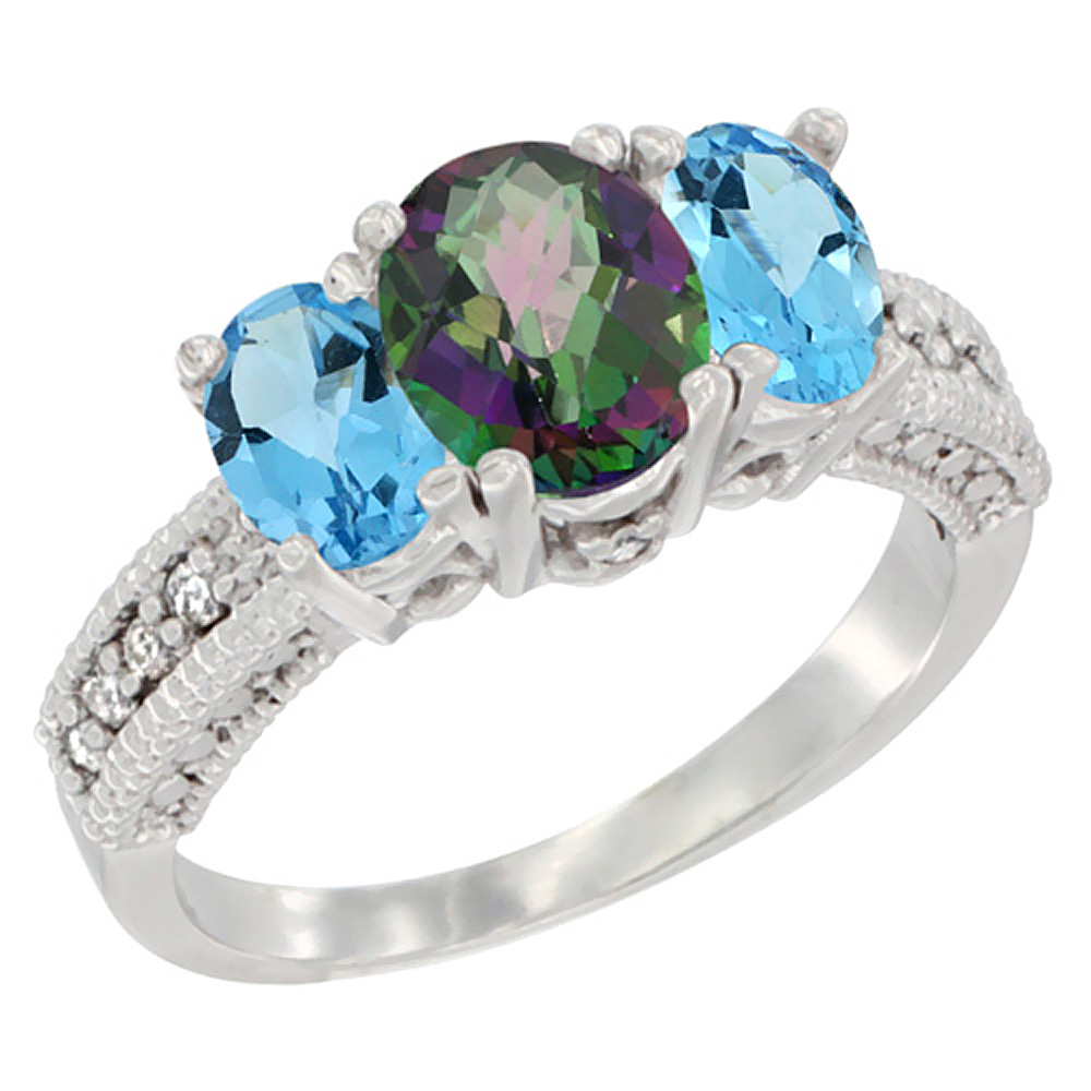 10K White Gold Diamond Natural Mystic Topaz Ring Oval 3-stone with Swiss Blue Topaz, sizes 5 - 10