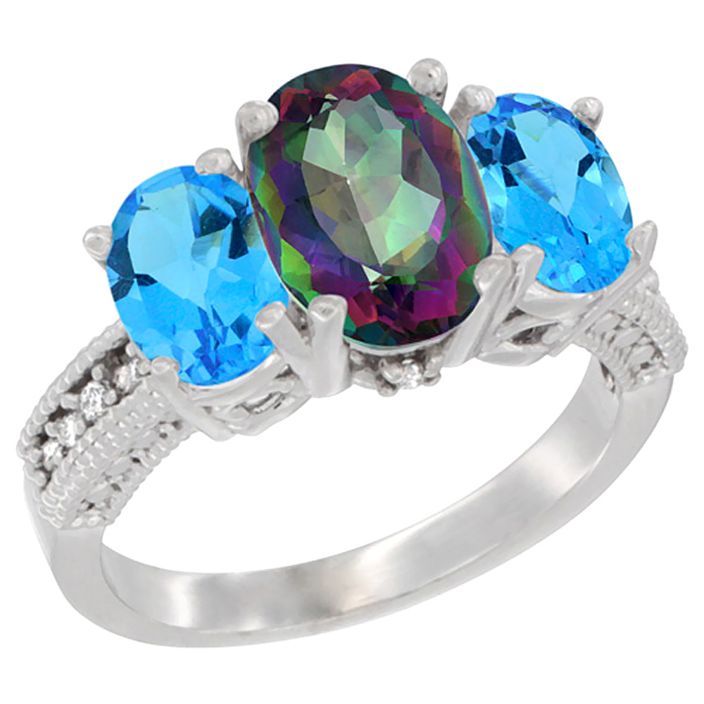 10K White Gold Diamond Natural Mystic Topaz Ring 3-Stone Oval 8x6mm with Swiss Blue Topaz, sizes5-10