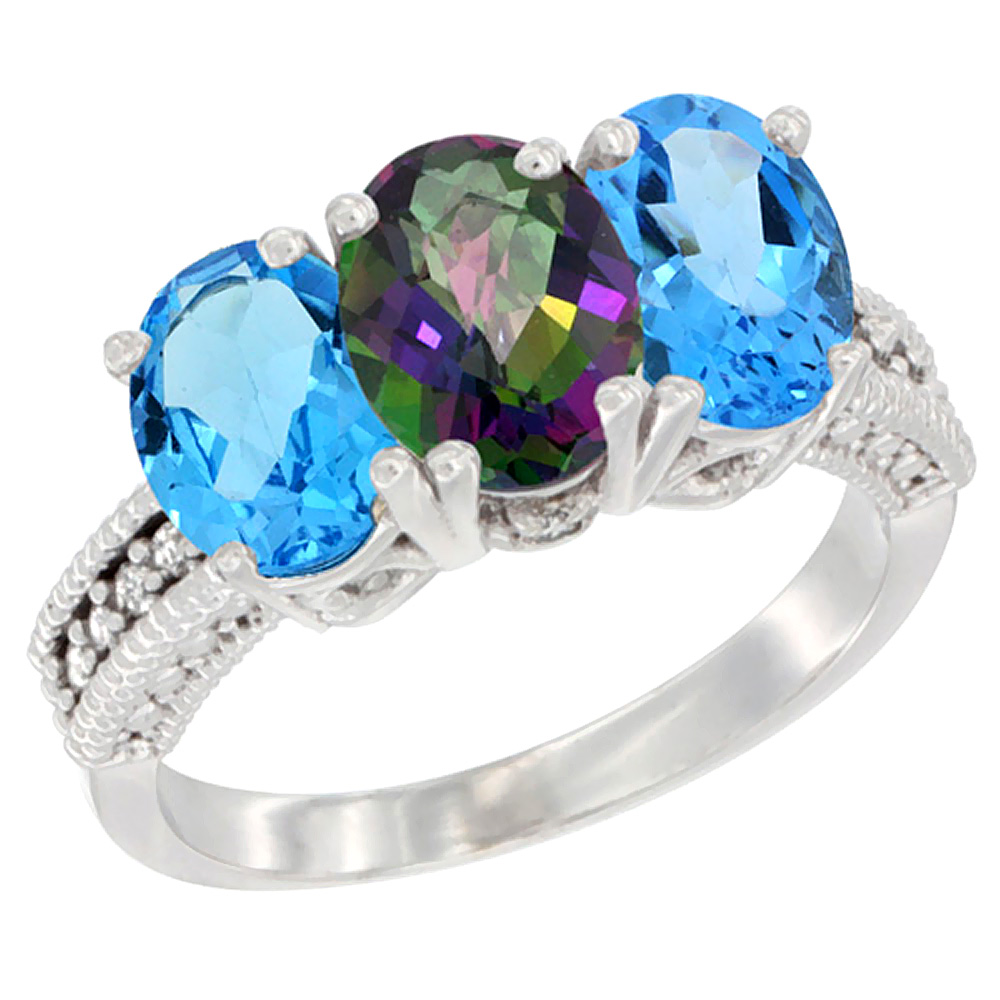 10K White Gold Natural Mystic Topaz & Swiss Blue Topaz Sides Ring 3-Stone Oval 7x5 mm Diamond Accent, sizes 5 - 10