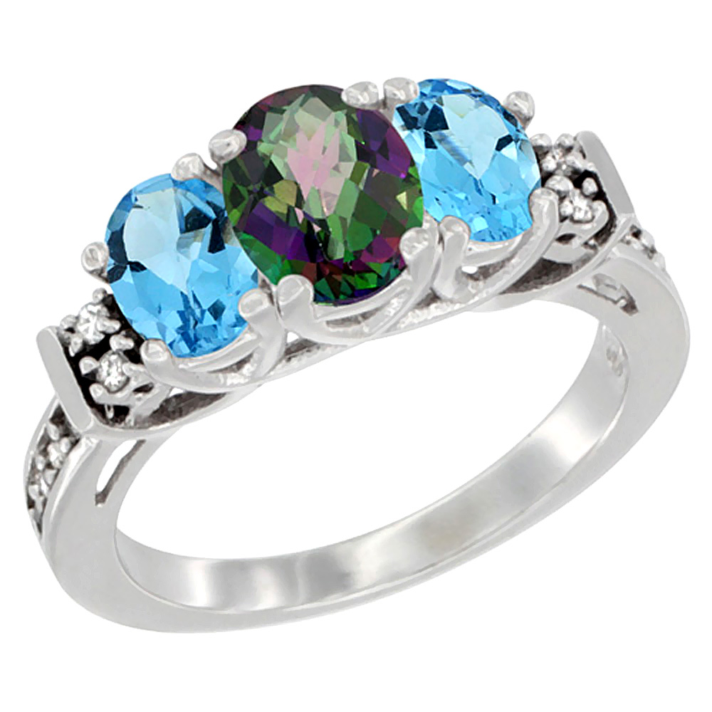 10K White Gold Natural Mystic Topaz & Swiss Blue Topaz Ring 3-Stone Oval Diamond Accent, sizes 5-10