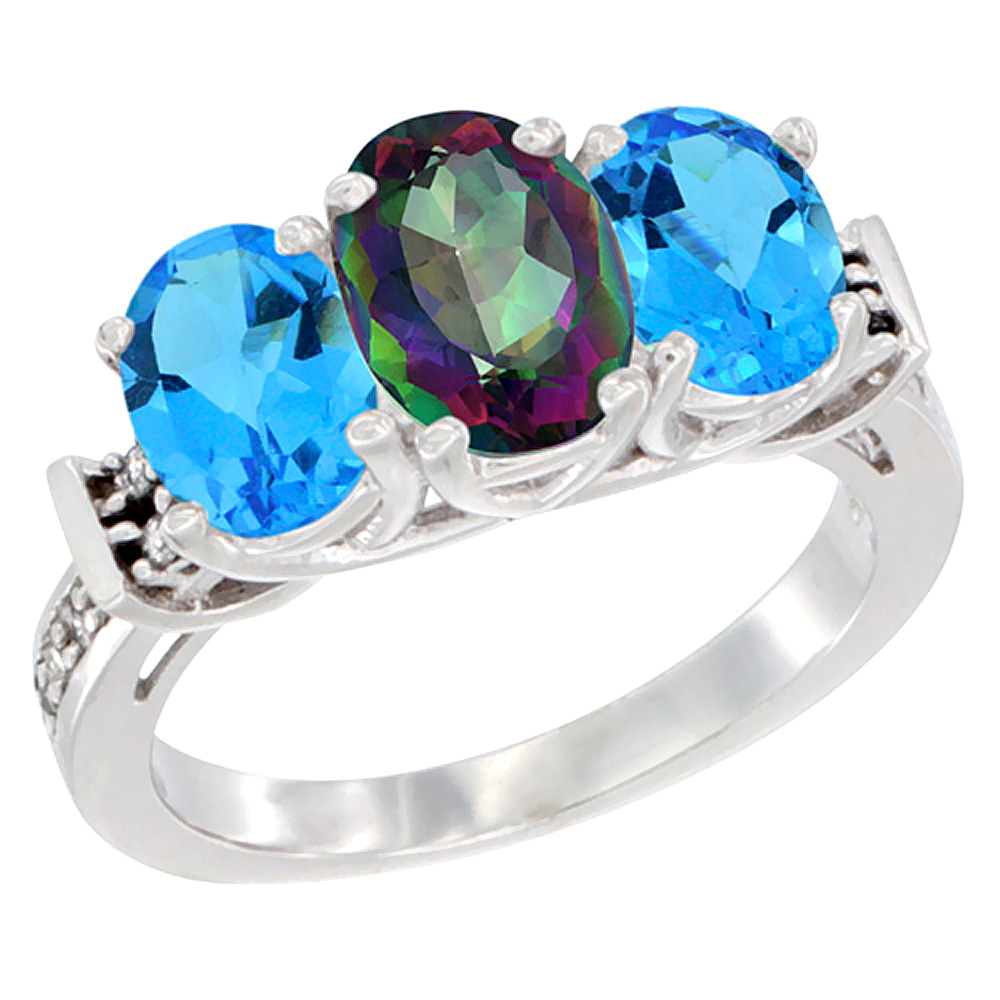 10K White Gold Natural Mystic Topaz & Swiss Blue Topaz Sides Ring 3-Stone Oval Diamond Accent, sizes 5 - 10