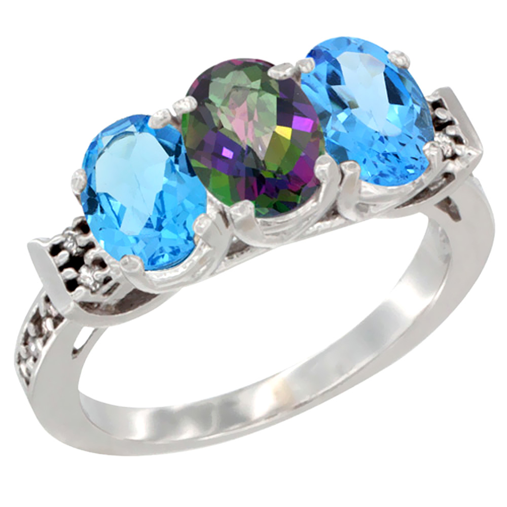 10K White Gold Natural Mystic Topaz &amp; Swiss Blue Topaz Sides Ring 3-Stone Oval 7x5 mm Diamond Accent, sizes 5 - 10