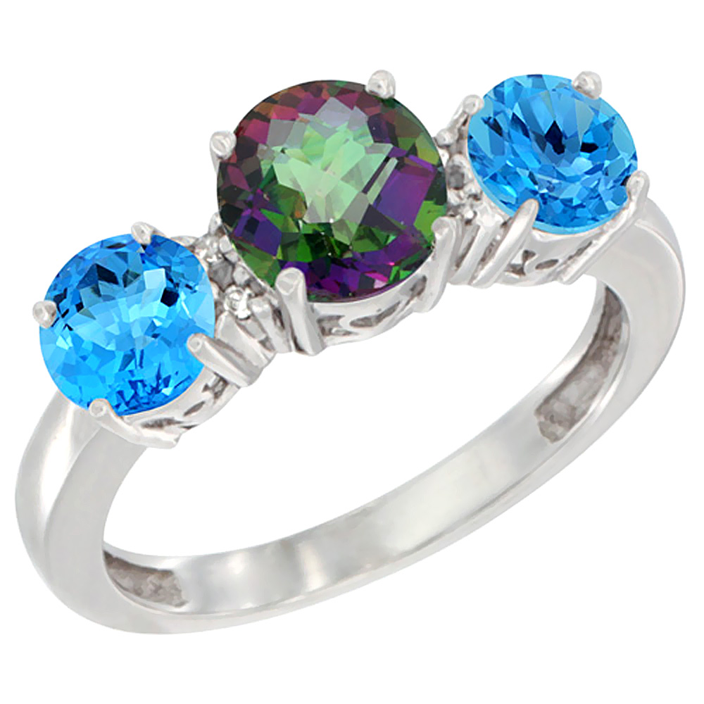 10K White Gold Round 3-Stone Natural Mystic Topaz Ring & Swiss Blue Topaz Sides Diamond Accent, sizes 5 - 10