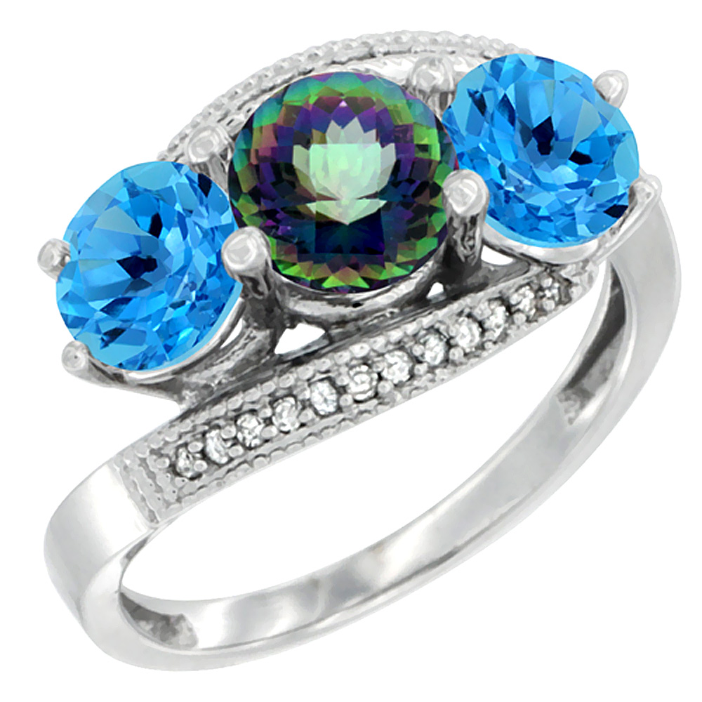 10K White Gold Natural Mystic Topaz & Swiss Blue Topaz Sides 3 stone Ring Round 6mm Diamond Accent, sizes 5 - 10