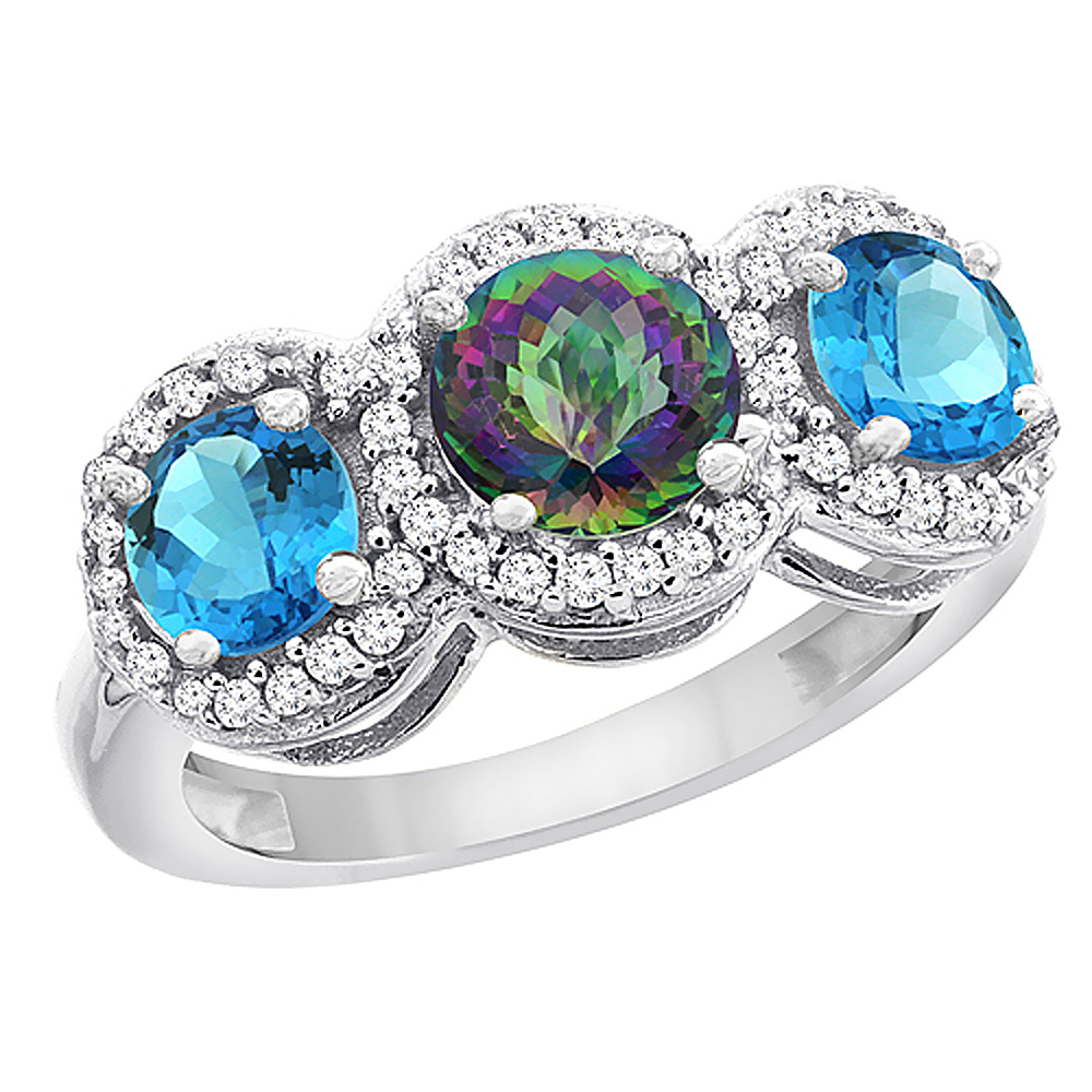 10K White Gold Natural Mystic Topaz & Swiss Blue Topaz Sides Round 3-stone Ring Diamond Accents, sizes 5 - 10