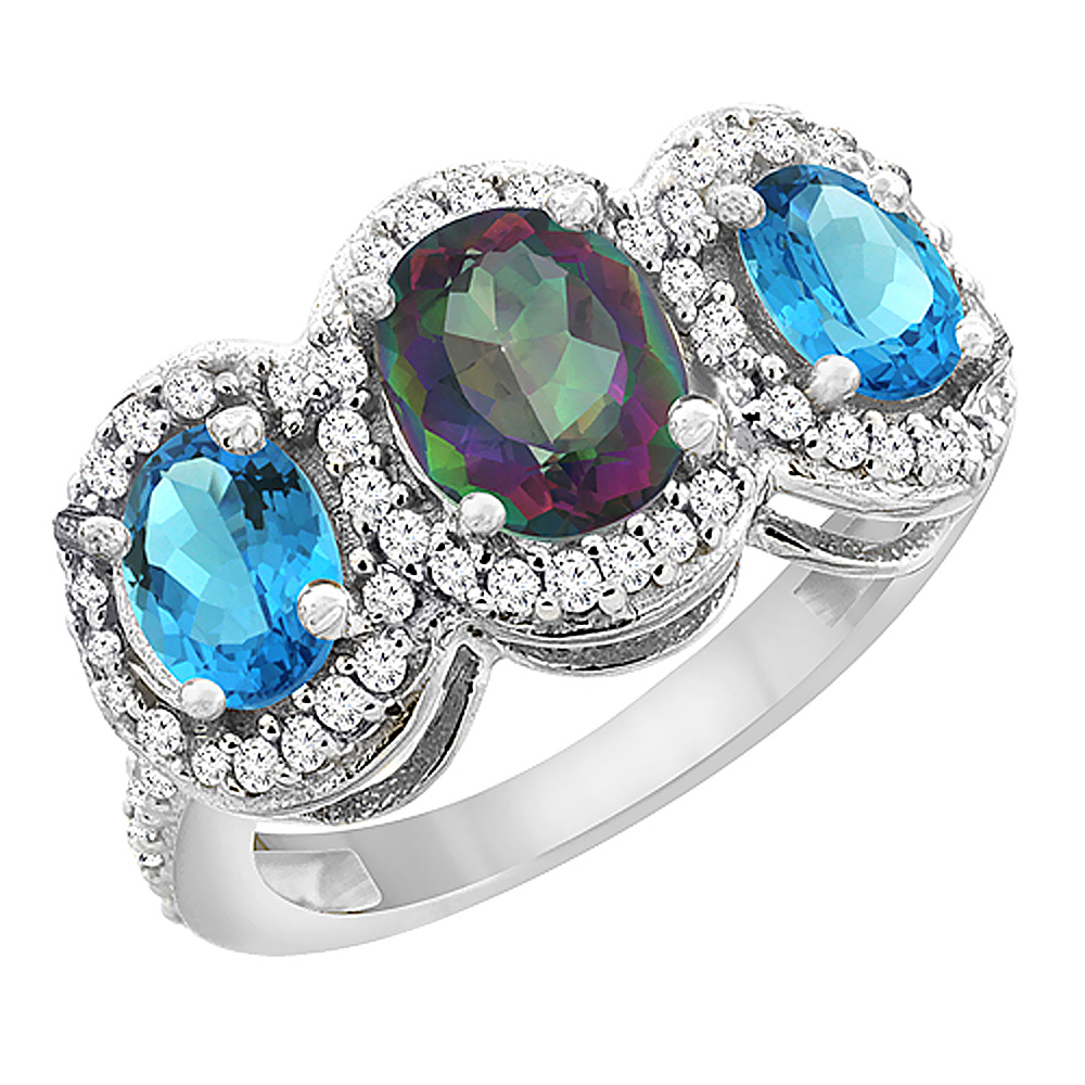 10K White Gold Natural Mystic Topaz & Swiss Blue Topaz 3-Stone Ring Oval Diamond Accent, sizes 5 - 10