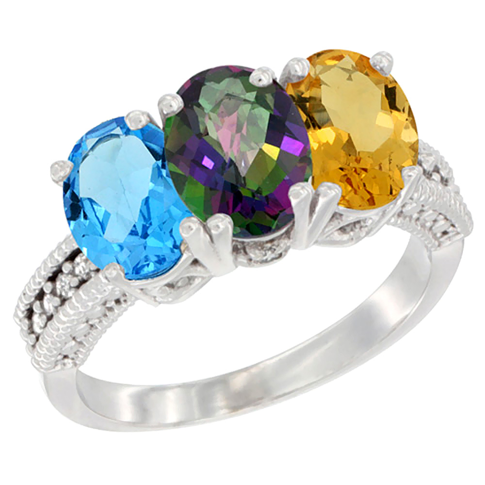 10K White Gold Natural Swiss Blue Topaz, Mystic Topaz & Citrine Ring 3-Stone Oval 7x5 mm Diamond Accent, sizes 5 - 10