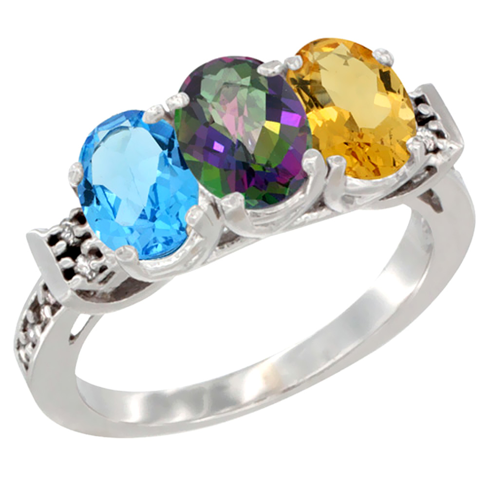 10K White Gold Natural Swiss Blue Topaz, Mystic Topaz & Citrine Ring 3-Stone Oval 7x5 mm Diamond Accent, sizes 5 - 10