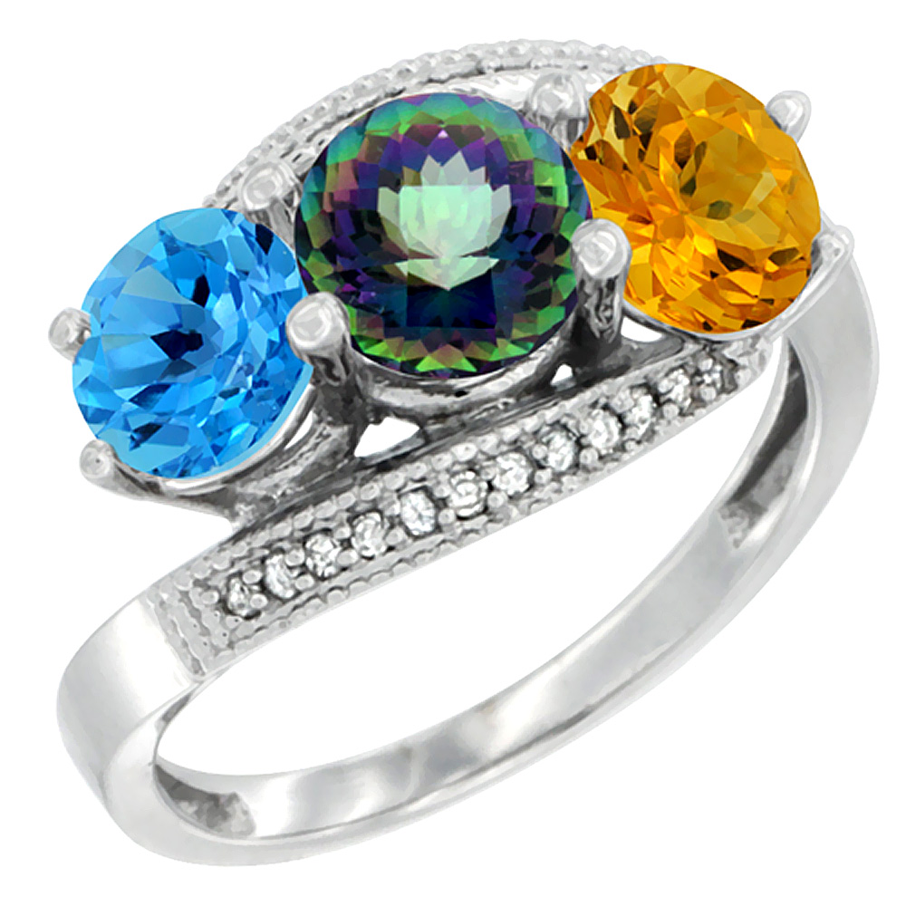 10K White Gold Natural Swiss Blue Topaz, Mystic Topaz & Citrine 3 stone Ring Round 6mm Diamond Accent, sizes 5 - 10