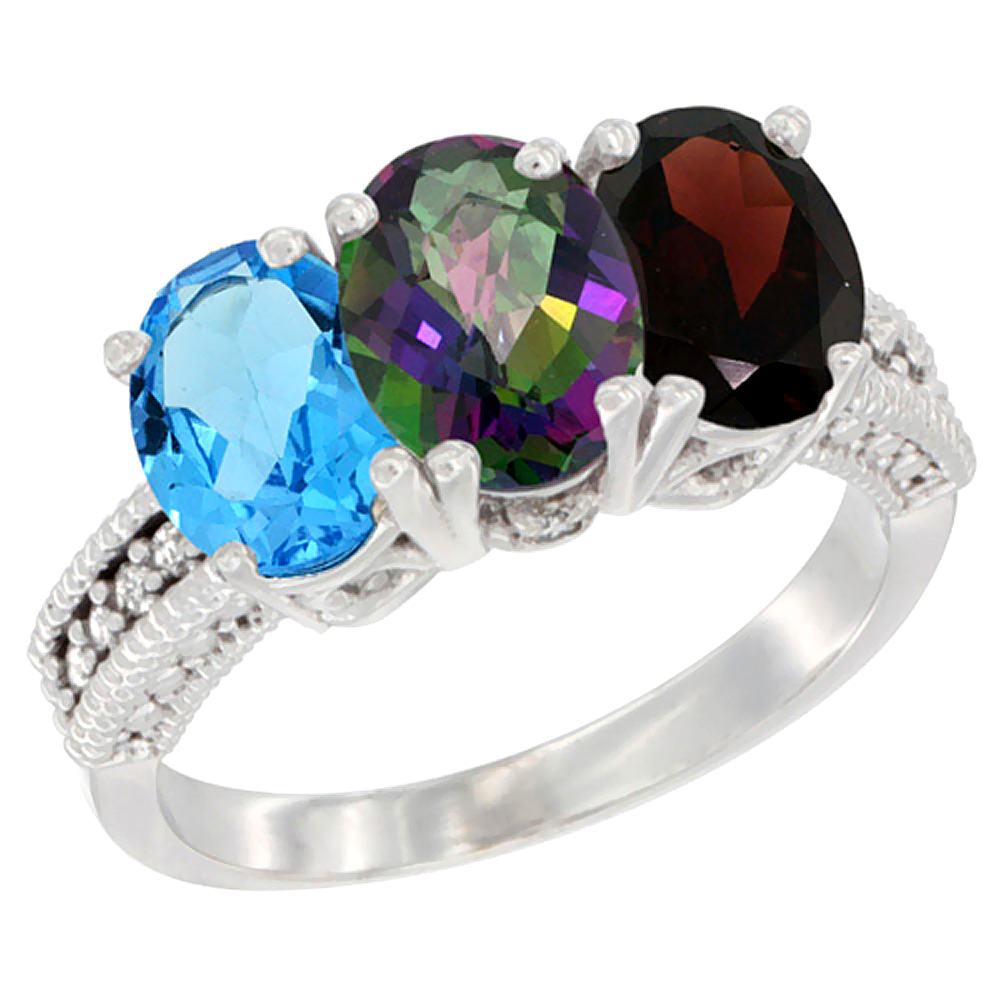 10K White Gold Natural Swiss Blue Topaz, Mystic Topaz & Garnet Ring 3-Stone Oval 7x5 mm Diamond Accent, sizes 5 - 10