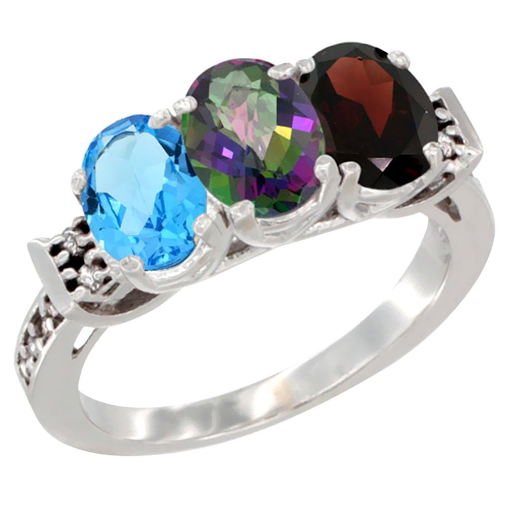 14K White Gold Natural Swiss Blue Topaz, Mystic Topaz & Garnet Ring 3-Stone 7x5 mm Oval Diamond Accent, sizes 5 - 10