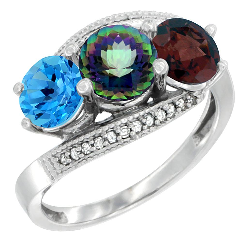 14K White Gold Natural Swiss Blue Topaz, Mystic Topaz & Garnet 3 stone Ring Round 6mm Diamond Accent, sizes 5 - 10