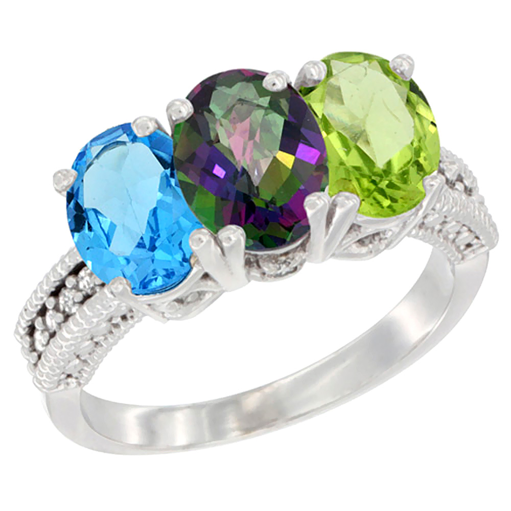 10K White Gold Natural Swiss Blue Topaz, Mystic Topaz & Peridot Ring 3-Stone Oval 7x5 mm Diamond Accent, sizes 5 - 10