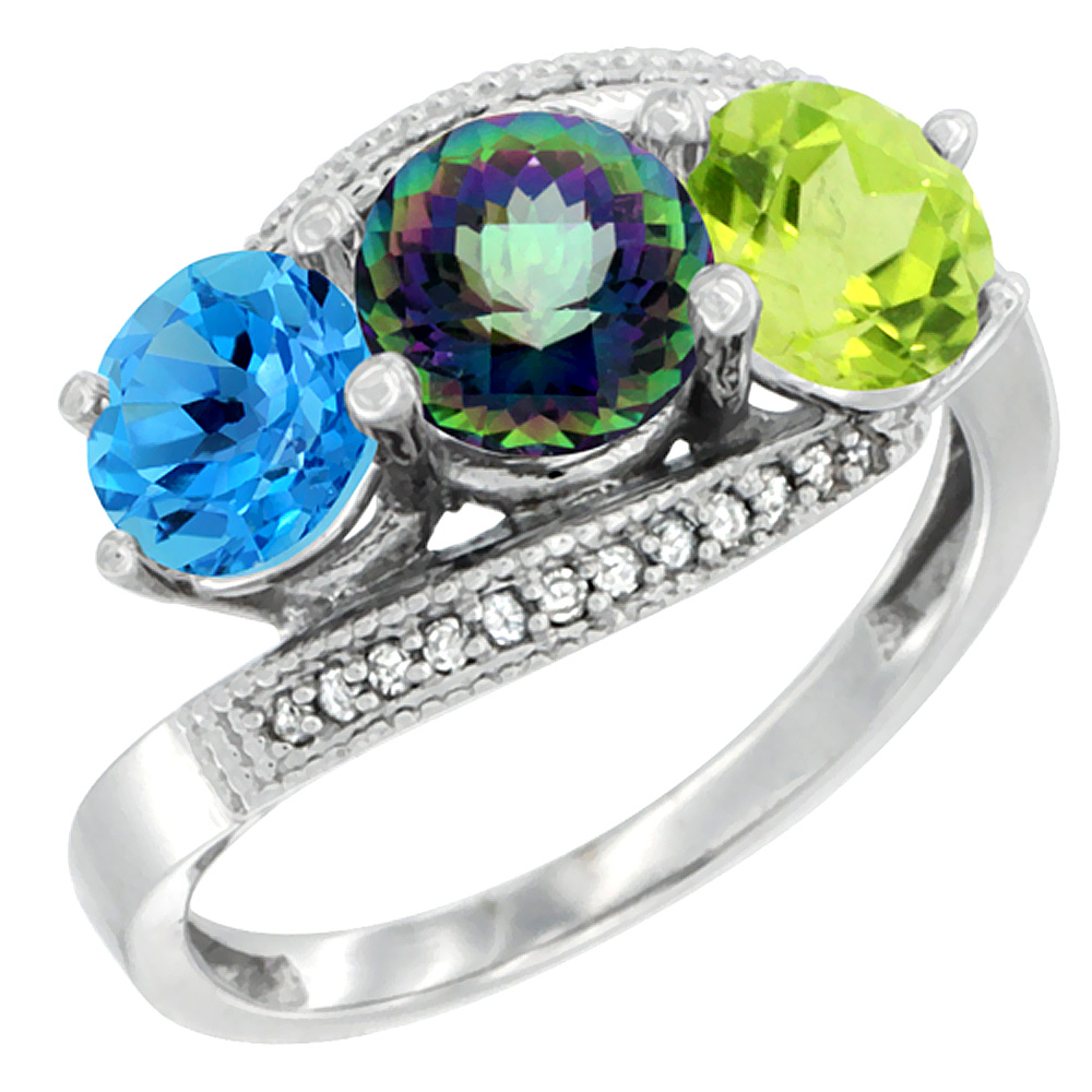 14K White Gold Natural Swiss Blue Topaz, Mystic Topaz & Peridot 3 stone Ring Round 6mm Diamond Accent, sizes 5 - 10