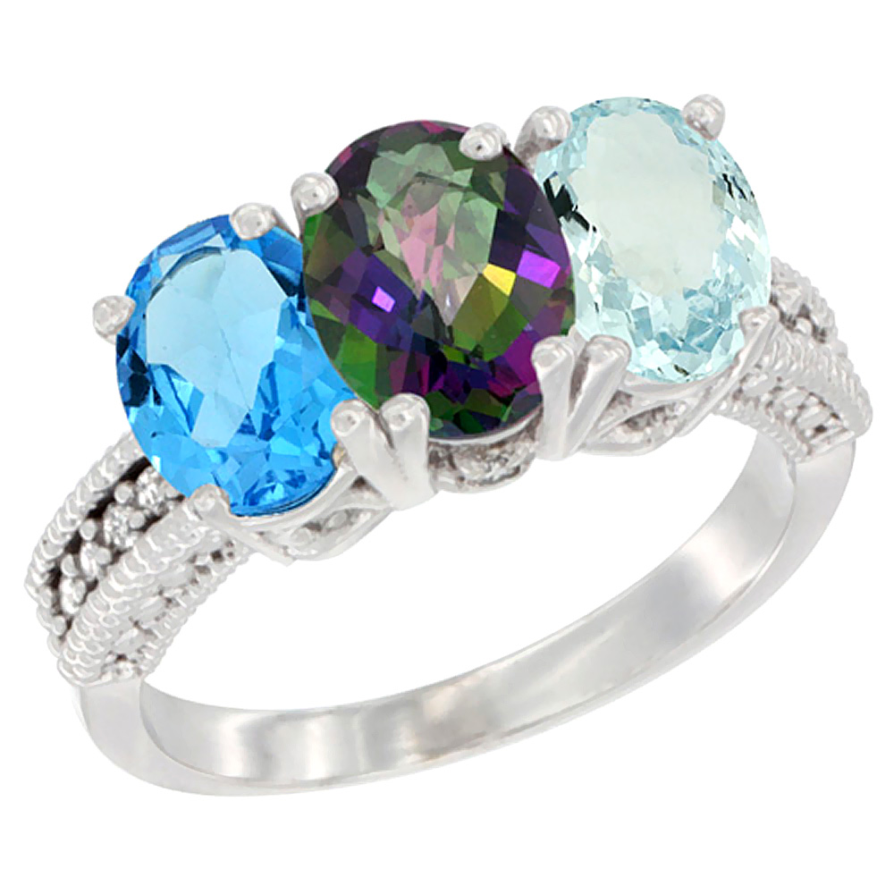 10K White Gold Natural Swiss Blue Topaz, Mystic Topaz & Aquamarine Ring 3-Stone Oval 7x5 mm Diamond Accent, sizes 5 - 10