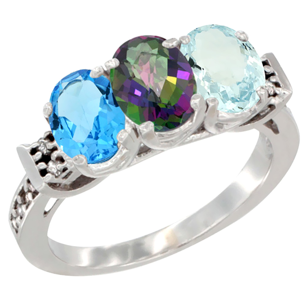 10K White Gold Natural Swiss Blue Topaz, Mystic Topaz & Aquamarine Ring 3-Stone Oval 7x5 mm Diamond Accent, sizes 5 - 10