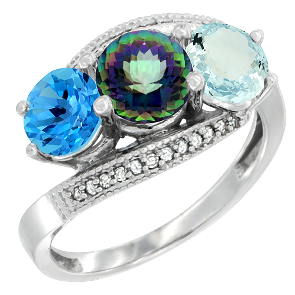 14K White Gold Natural Swiss Blue Topaz, Mystic Topaz & Aquamarine 3 stone Ring Round 6mm Diamond Accent, sizes 5 - 10