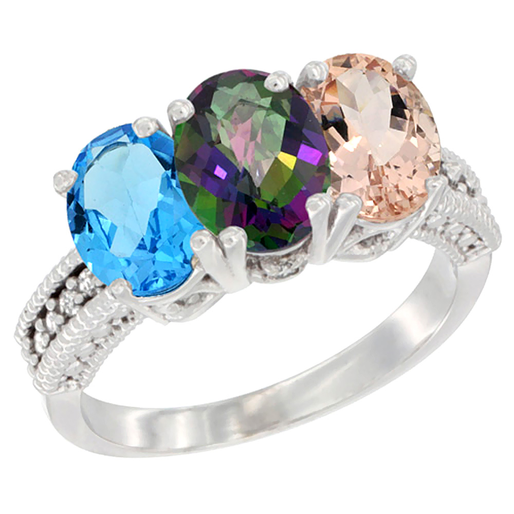 10K White Gold Natural Swiss Blue Topaz, Mystic Topaz & Morganite Ring 3-Stone Oval 7x5 mm Diamond Accent, sizes 5 - 10