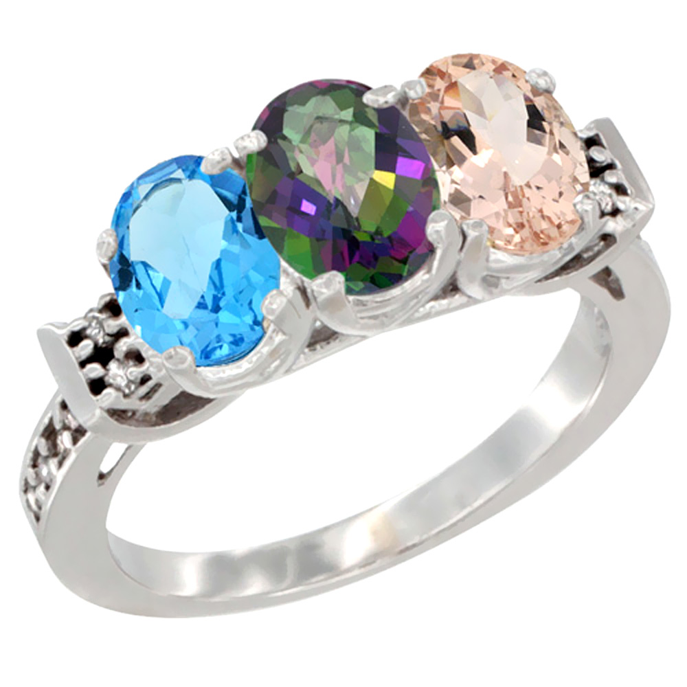 10K White Gold Natural Swiss Blue Topaz, Mystic Topaz & Morganite Ring 3-Stone Oval 7x5 mm Diamond Accent, sizes 5 - 10