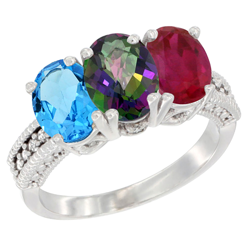 10K White Gold Natural Swiss Blue Topaz, Mystic Topaz & Enhanced Ruby Ring 3-Stone Oval 7x5 mm Diamond Accent, sizes 5 - 10