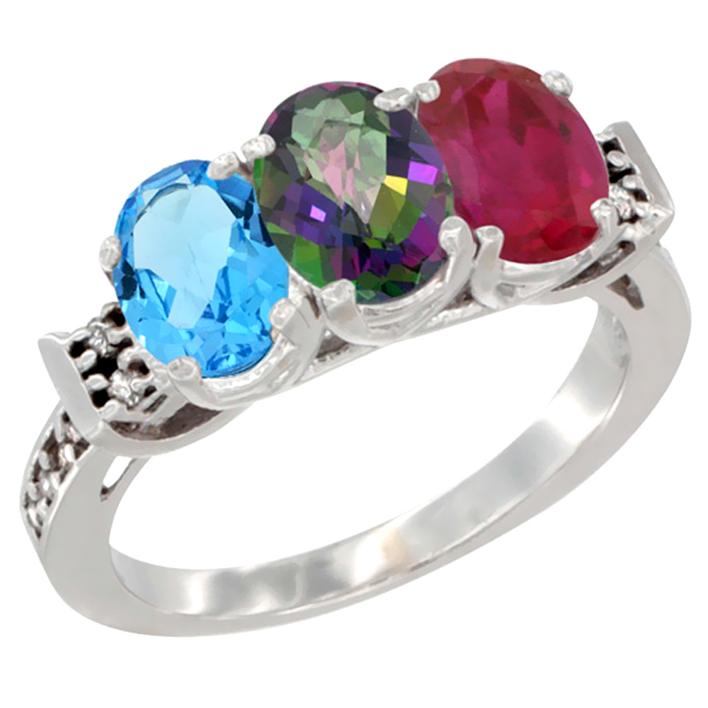 10K White Gold Natural Swiss Blue Topaz, Mystic Topaz & Enhanced Ruby Ring 3-Stone Oval 7x5 mm Diamond Accent, sizes 5 - 10