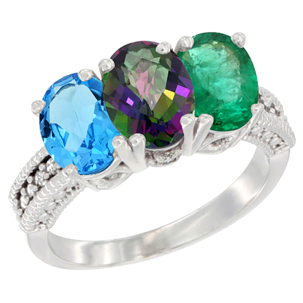 14K White Gold Natural Swiss Blue Topaz, Mystic Topaz & Emerald Ring 3-Stone 7x5 mm Oval Diamond Accent, sizes 5 - 10