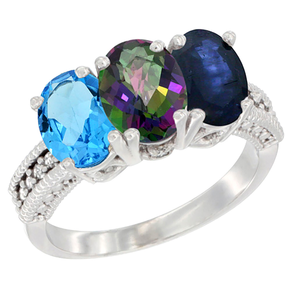 14K White Gold Natural Swiss Blue Topaz, Mystic Topaz & Blue Sapphire Ring 3-Stone 7x5 mm Oval Diamond Accent, sizes 5 - 10